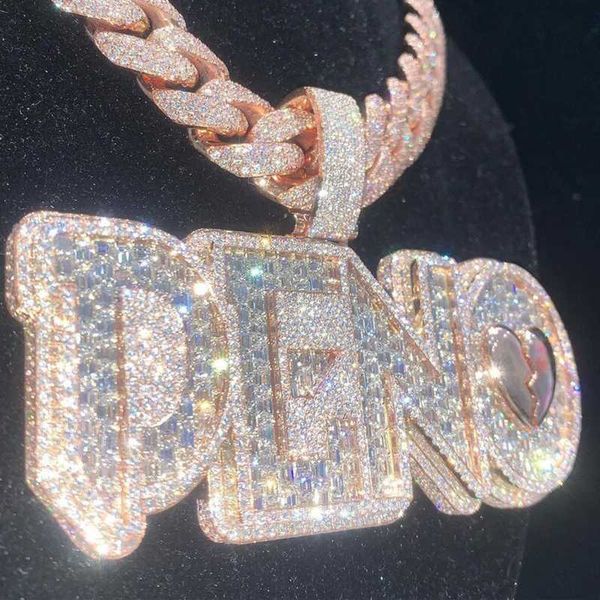 

custom rapper name necklace for men double color hip hop iced out 3d flower setting charms moissanite diamond pendant, Silver