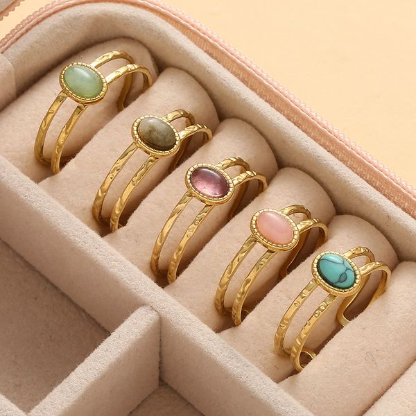 

wedding rings inlaid natural stone stainless steel engagement for women adjustable opening simplicity vintage ring fashion jewelry 230710, Slivery;golden