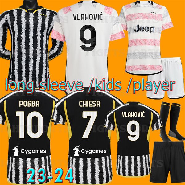 

vlahovic soccer jerseys 23 24 home away milik kean pogba chiesa mckennie locatelli szczesny 2023 kits men kids fans player juventus fans pla, Black;yellow