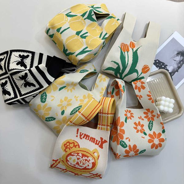 

cartoon style knitted bag with large capacity and minimalist style tote bag small handbag wrist bag shopping lazy person