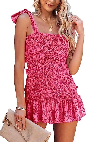

womens summer ruffle smocked mini dress sleeveless floral print tiered tie slim fit short dresses, Black;gray