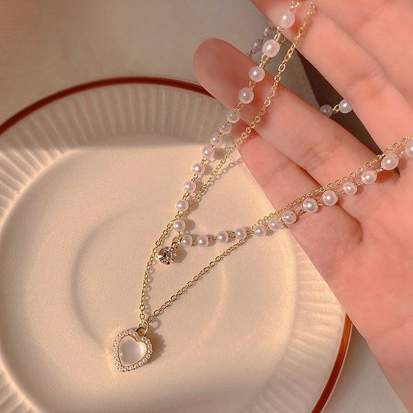 

stud fashion cute love heart shaped pendant necklace pearl chain shiny women aesthetic jewelry choker wedding party gift 230710, Golden;silver