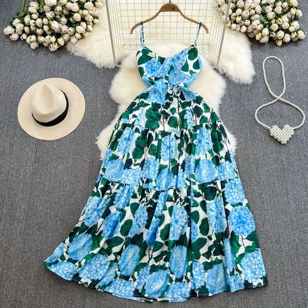 

suspended fairy long skirt beach vacation beach skirt gentle style v-neck waist wrapped a-line printed ruffle edge dress, Black;gray