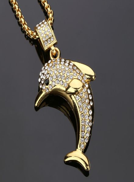 

fashion men vacuum dolphin big pendant necklaces studded rhinestone bling hip hop jewelry design 18k gold plated 75cm long chains2431380, Silver