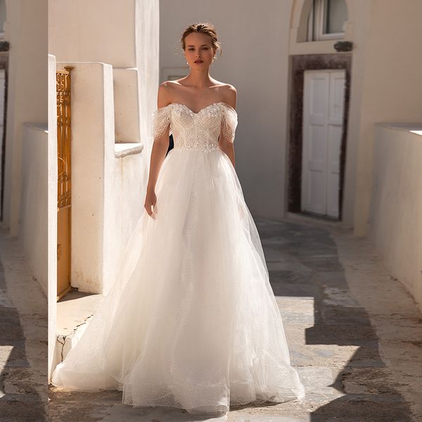 

polka dot off the shoulder wedding bridal dress lace appliques draped wave point a line wedding gowns multilayered skirt mariee, White