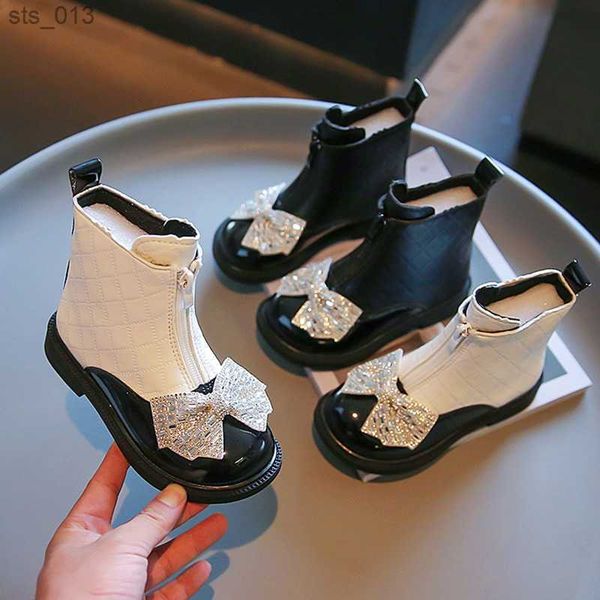 

girl' boots rhinestone bow elegant cute children short boot pu leather winter autumn fashion princess kids shoes l230518, Black;grey