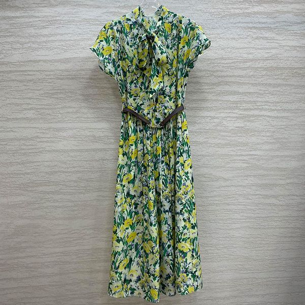 

designer dress french women designer clothing lace up waist to show thin floral print dress long dress for women, Black;gray