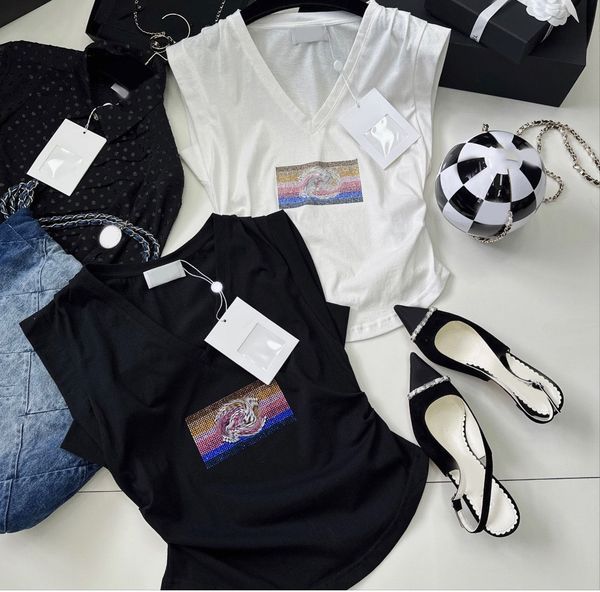 

2023 summer women designers v-neck t shirts fashion solid colour sequin sleeveless tshirts lady tees luxury casual t-shirts, White