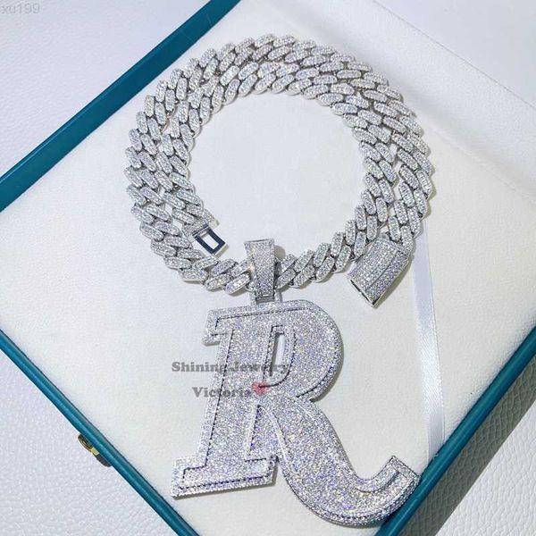 

initial r 3" width solid hand setting moissanite diamond vvs custom pendant with 13mm cuban chain, Silver