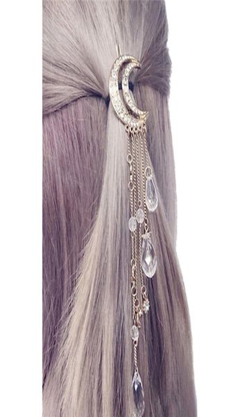 

1pc women clip moon rhinestone crystal pendant pin tassel long chain beads hairpin ladies hair jewelry hairclip hair accessories1626717, Golden;silver