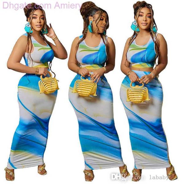

two piece long skirts set women designer dress 2023 summer clothing tie-dye printed dresses womens slim sleeveless short vest skirt 2 piece, White