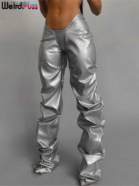 

weird puss vshaped low waist y2k pants women 2021 fashion stacked faux leather trousers casual wild street skinny bottoms l230621, Black;white