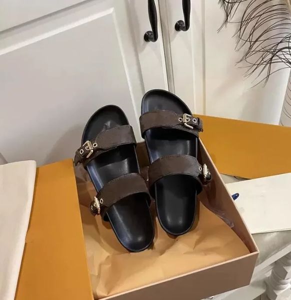 

designers shoes women slippers leather sandals summer buckle flat platform classic lady old flower flip flops printed slides outdoor beach v, Black