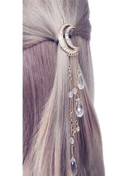 

1pc women clip moon rhinestone crystal pendant pin tassel long chain beads hairpin ladies hair jewelry hairclip hair accessories7825909, Golden;silver