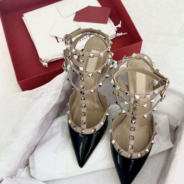

2023 casual designer lady fashion brand women fashion studded spikes point toe strappy high heels bride wedding shoes ty shoes, Black