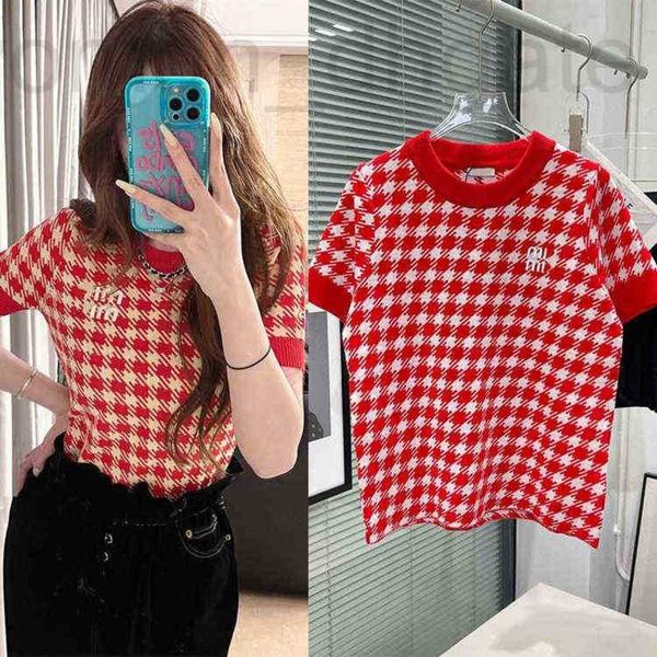 

women's knits & tees designer spring and summer new style red white color matching bird lattice embroidery round neck knitted short sle