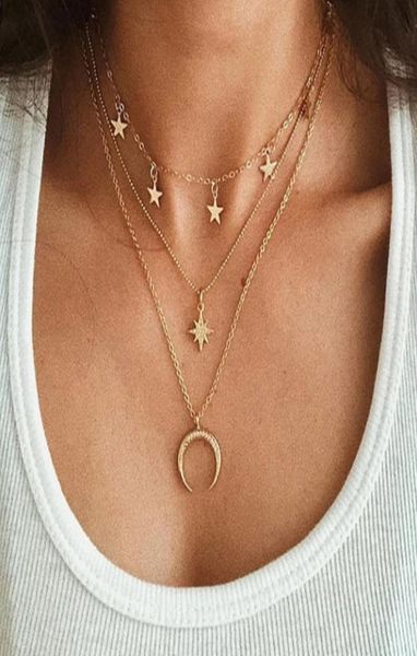 

women star style pendant necklace creative simple necklace octagonal crescent threelayer clavicle chain fashion jewelry1000350, Silver