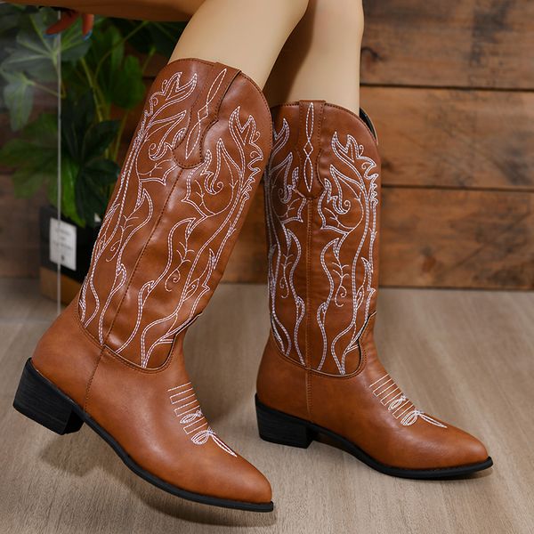 

women's vintage embroidered western boots autumn winter brown pu leather women mid calf boots slip on thick heels cowboy booties, Black