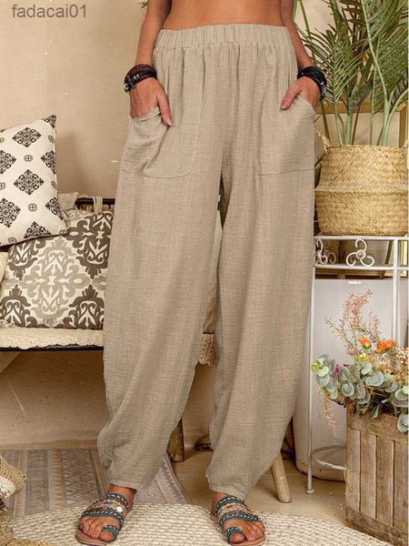 

women's pants loose solid elastic waist pocket harem pants cotton linen vintage boho beach trousers high waist haren pants women l23062, Black;white