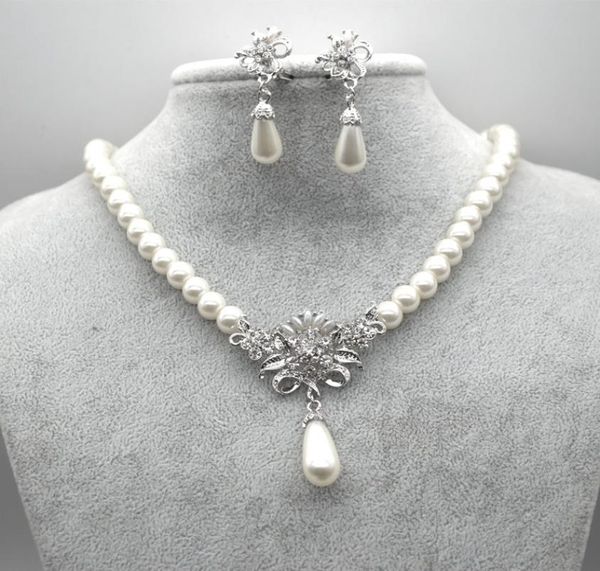 

rhodium silver plated cream glass pearl and rhinestone crystal floral bridal necklace and stud earrings jewelry sets1739411