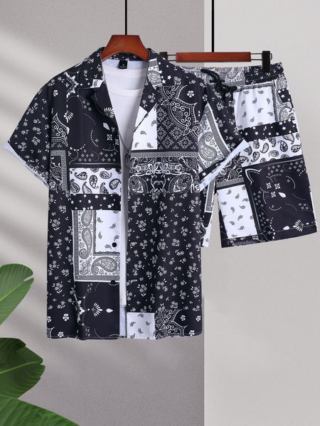 

men's tracksuits men random paisley scarf print shirt drawstring shorts without tee 230710, Gray