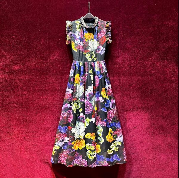 

european and american women's dress 2023 summer new style sleeveless pin bead stand collar flower print fashion pleated dress, Black;gray