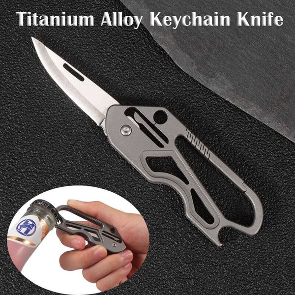 

titanium alloy keychain folding knife high hardness 7cr blade pendant pocket paring knif edc self-defense tool bottle opener, Silver