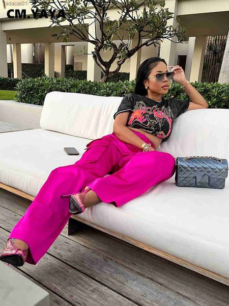 

cmyaya women fashion pocket side straight wide leg safari style pants 2023 new summer zipper fly rose red cargo trousers l230621, Black;white