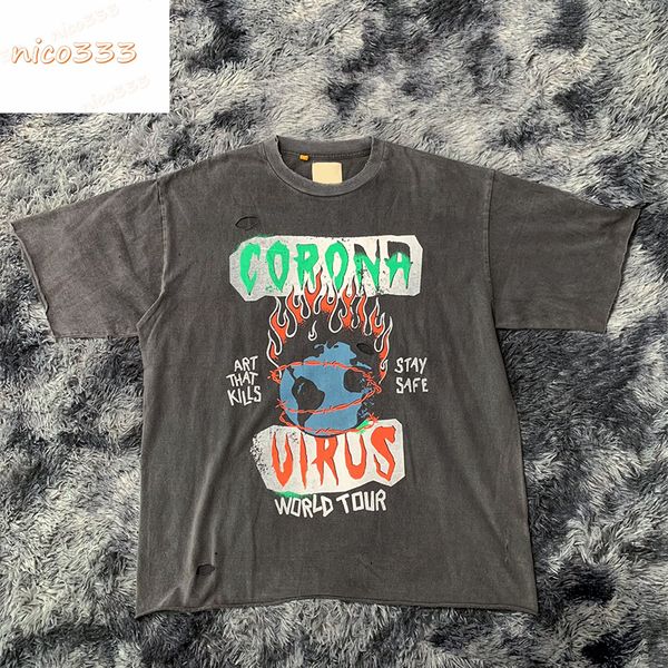 

23ss new t shirt ga depts flame earth washed and worn letters loose round neck hundred short sleeved mens women, White;black