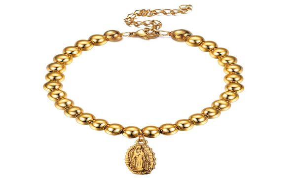 

new fashion stainless steel round virgin mary charm bracelets for women gold silver color rosary beads virgin mary bracelet cathol9705419, Golden;silver