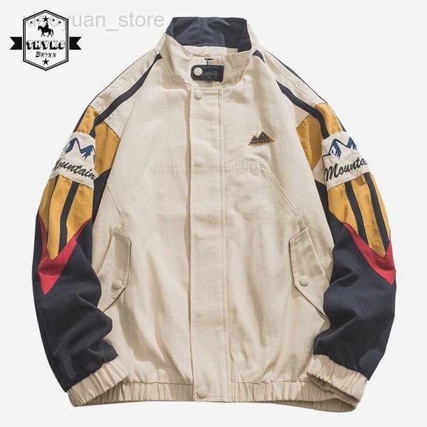 

men's jackets american stand collar coat men autumn harajuku high street colorful punching jacket oversize patchwork baseball uniform h, Black;brown