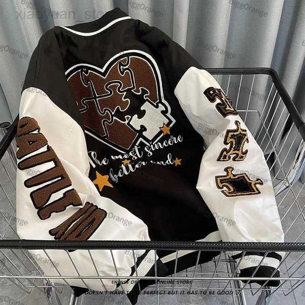 

men's jackets spring and autumn retro quilted embroidered baseball uniform jacket men and women loose tide brand street hkd230710, Black;brown