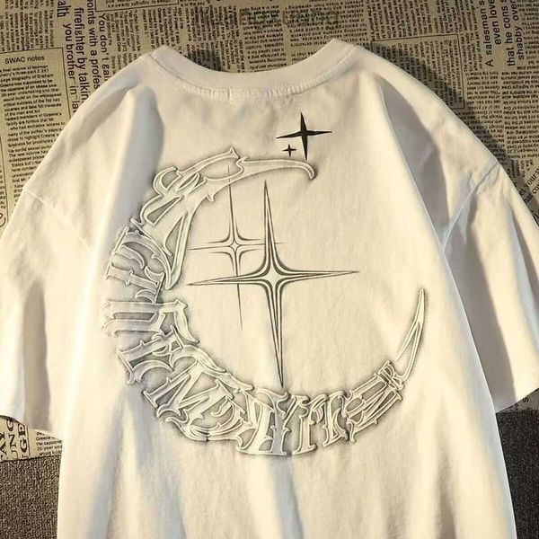 

stussys 100% cotton american vintage fashion brand moon star short sleeve t-shirt men's street europe and america high street hiphop to, White;black