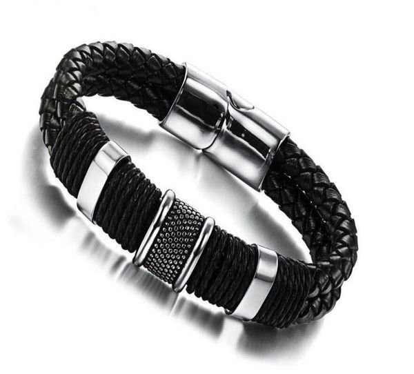 

wide mens weave chain leather bangle bracelet wristband pour insert magnetic buckle stainless steel bracelets for women couples br9350464, Black