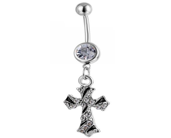 

d0791f cross belly navel button ring clear color0123454564781, Silver