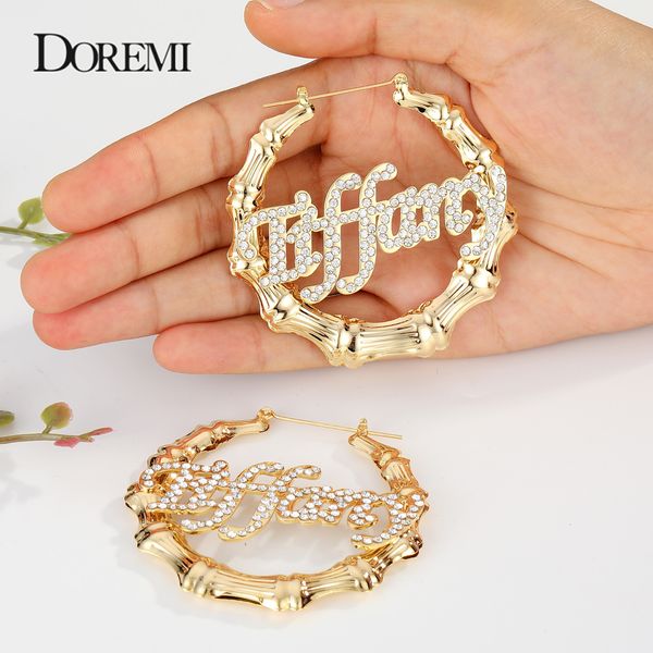 

hoop huggie doremi bling name bamboo earrings custom trapezoid names letter big personalised earring gift 230707, Golden;silver