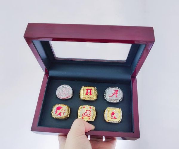

6 pcsset 1992 2009 2011 2012 2015 alabama crimson tide sec national football championship rings with wooden box9256695, Golden;silver