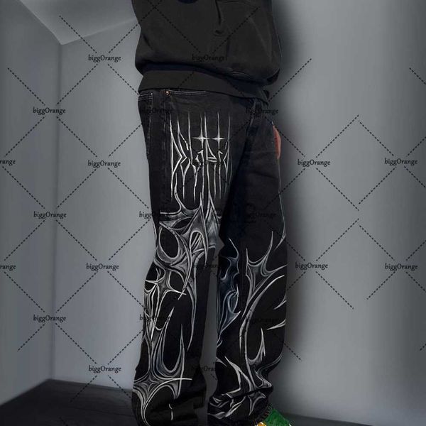 

men's jeans gothic trendy jeans men's retro punk dark loose wideleg pants y2k street harajuku casual straight jeans oversized prin, Blue