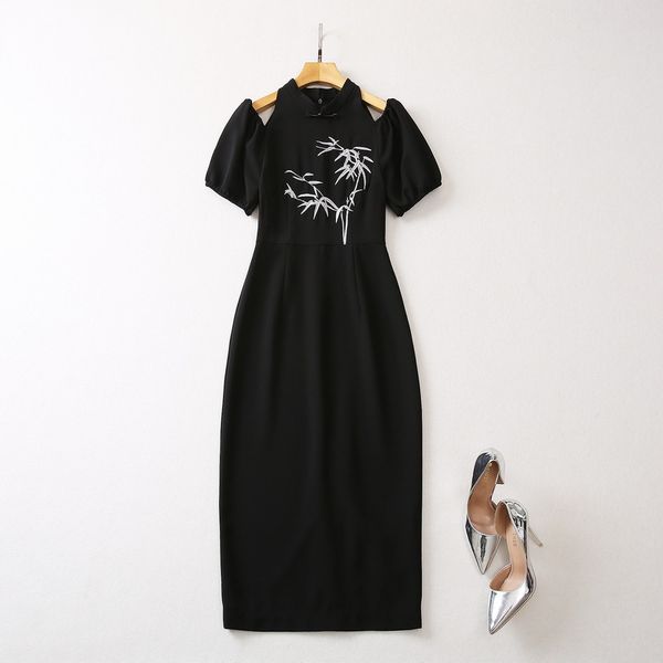

european and american women's dress 2023 summer new style short sleeve shoulder stand collar embroidery fashion dress xxl, Black;gray