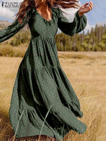 

basic casual dresses zanzea bohemian women autumn floral print sundress ruffle long maxi dress vestido elegant casual puff sleeve robe longu, Black;gray