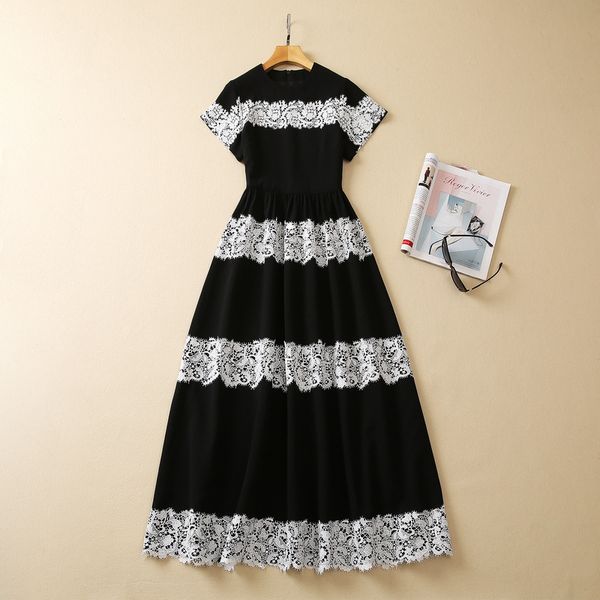 

european and american women's dress 2023 summer new style round neck short sleeve black and white lace fashion pleated dress xxl, Black;gray