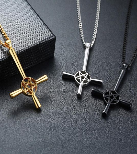 

church seal of satan cross nelaces pendant for men crucifix satanic stainless steel nelace male jewelry4710866, Silver