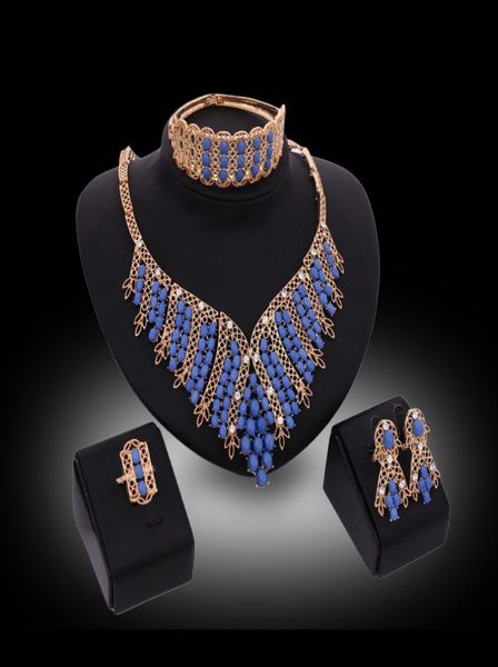 

jewelry sets 2016 luxury royal style blue beads wedding jewelry sets 18k gold plated party jewelry 4piece set whole drop ship3285456, Slivery;golden