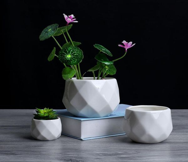 

creative ceramic white geometric flowerpot simple succulent plant container green planters small bonsai pots home decoration9548400, Slivery;golden