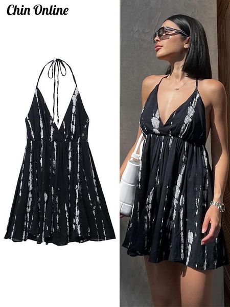 

basic casual dresses halter short dress panelled tie dye backless female party dresses summer elegant vacation beach street mini lady robe 2, Black;gray