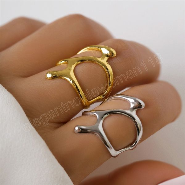 

unique irregular hollow out metal open rings for women vintage geometric gold color ring engagement party jewelry gift, Silver