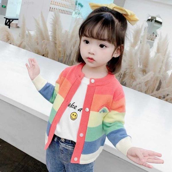 

pullover spring autumn girls rainbow printed sweater jacket children clothing knitting cardigan kids clothes children's casual coats y1, Blue