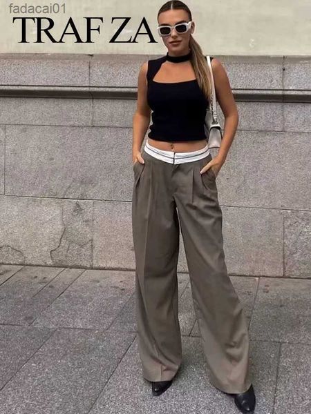 

trafza 2023 wide leg pants for women elegant solid casual loose oversize trousers female high waist zipper fly pants l230621, Black;white