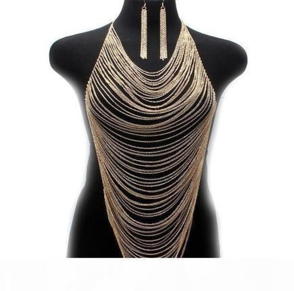 

multilayer body chains earrings europe fashion women multi curb chain metal silver gold tassel body chain harness necklace pendant7872722
