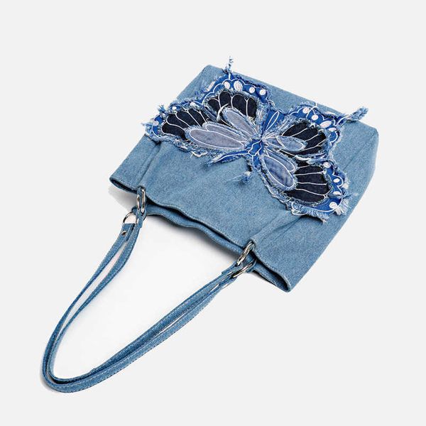 

ins niche design butterfly bag for women new contrasting denim canvas large capacity tote bag single shoulder underarm